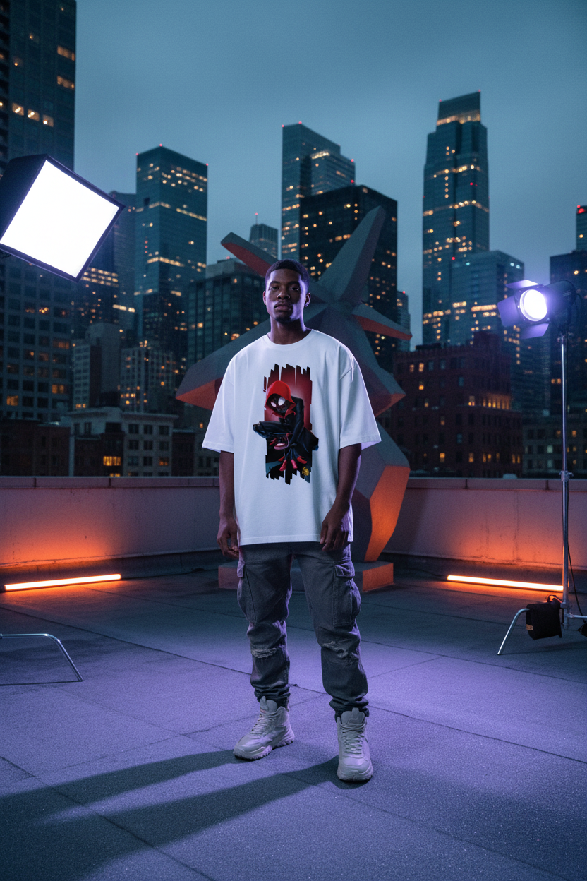 Male model wearing Shadow Web Hero oversized t-shirt