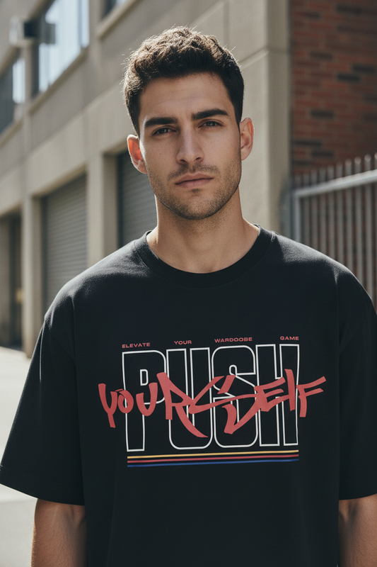 Male model wearing Push Yourself oversized t-shirt