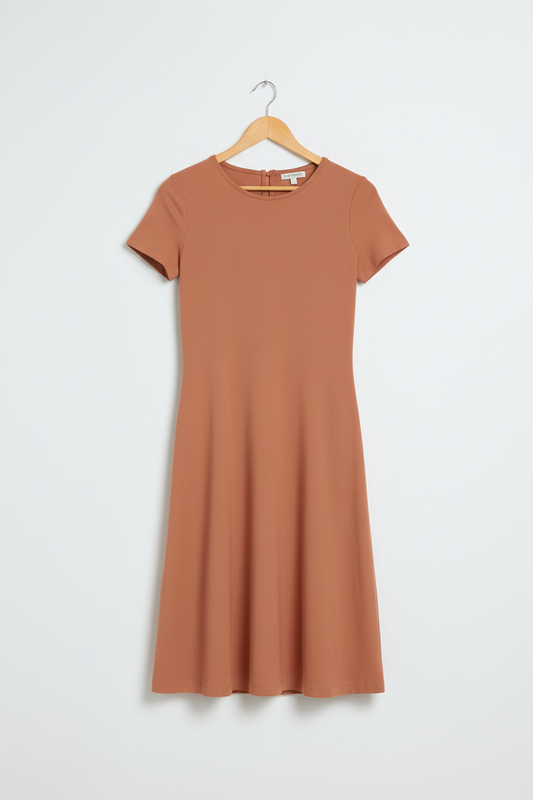 Terracotta rust A-line dress on wooden hanger