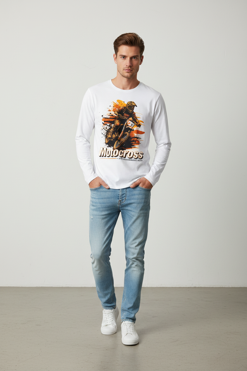 Male model wearing Motocross Madness white full-sleeve t-shirt in modern minimalist setting