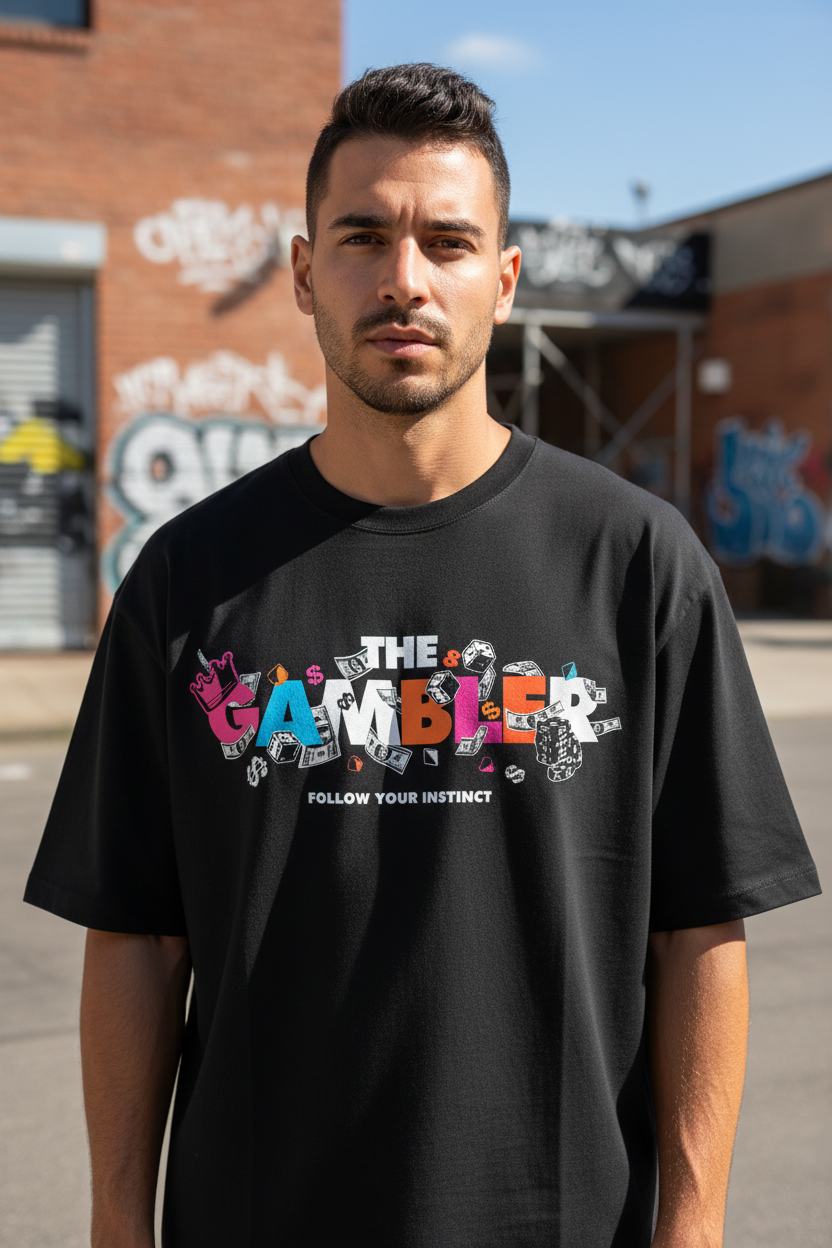 Male model wearing The Gambler oversized t-shirt