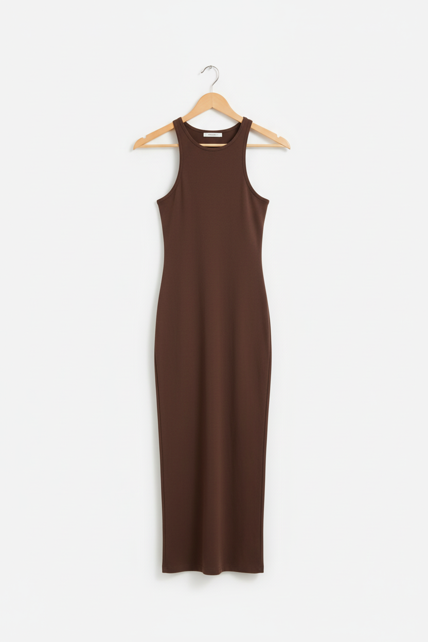Chocolate brown bodycon dress on wooden hanger