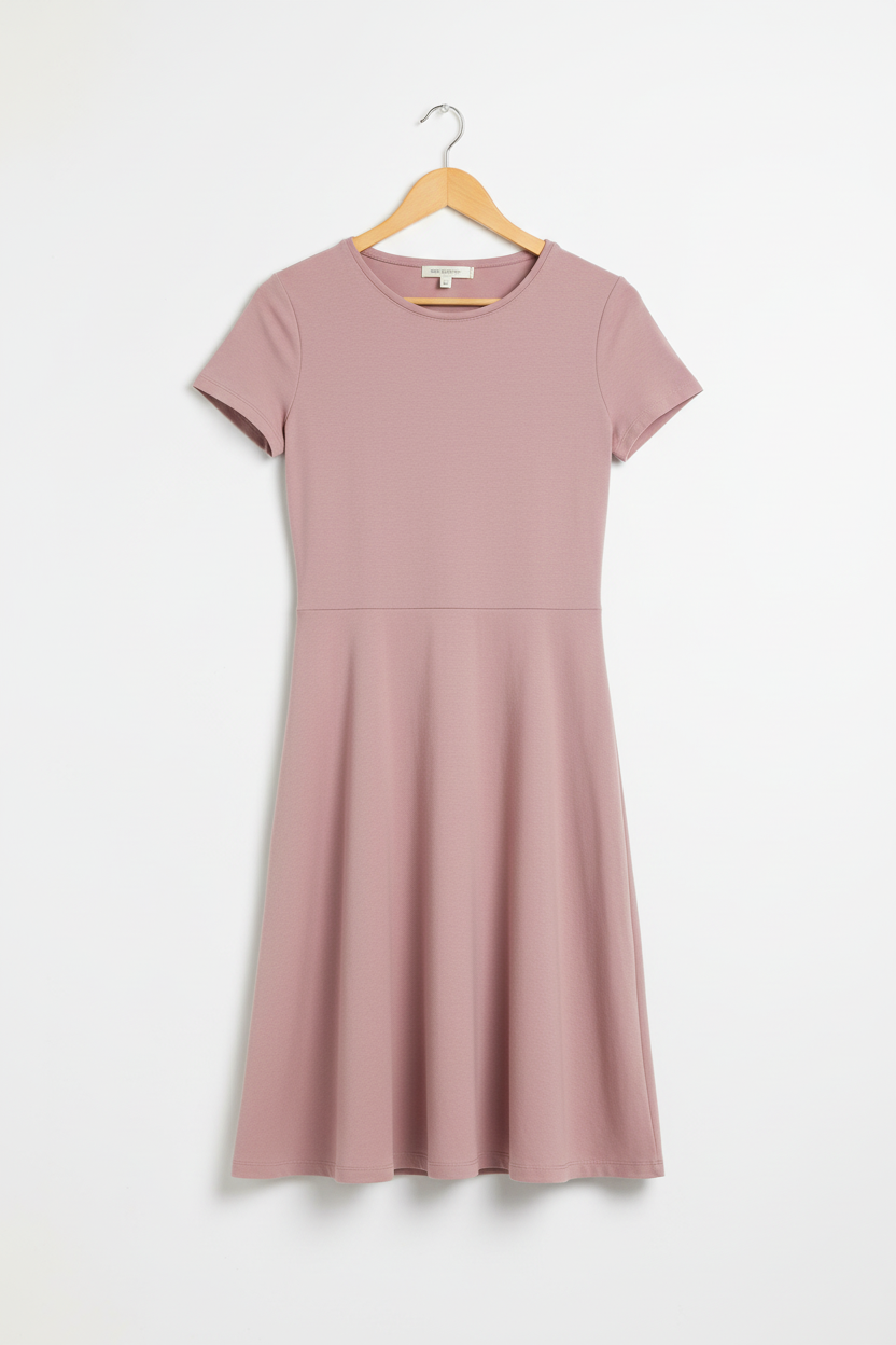 Dust rose A-line dress on wooden hanger
