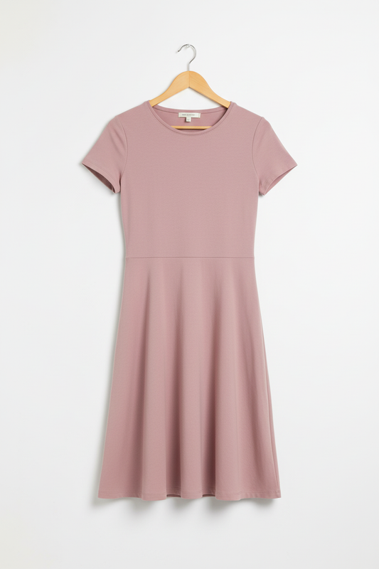Dust rose A-line dress on wooden hanger
