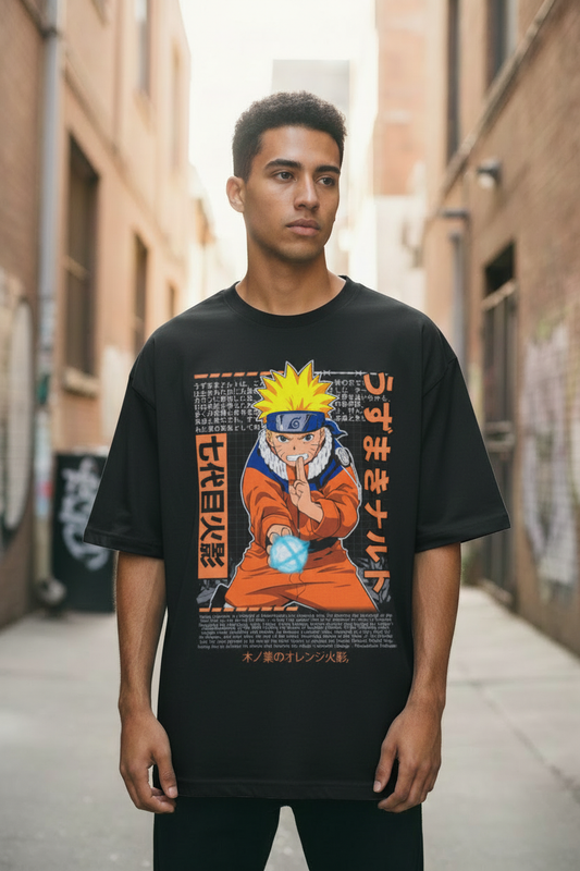 Male model wearing Naruto Uzumaki – Rasengan Spirit oversized t-shirt