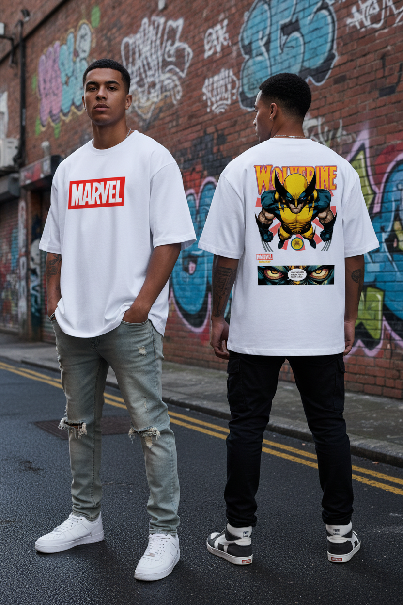 Male model wearing Wolverine oversized t-shirt showing front and back views