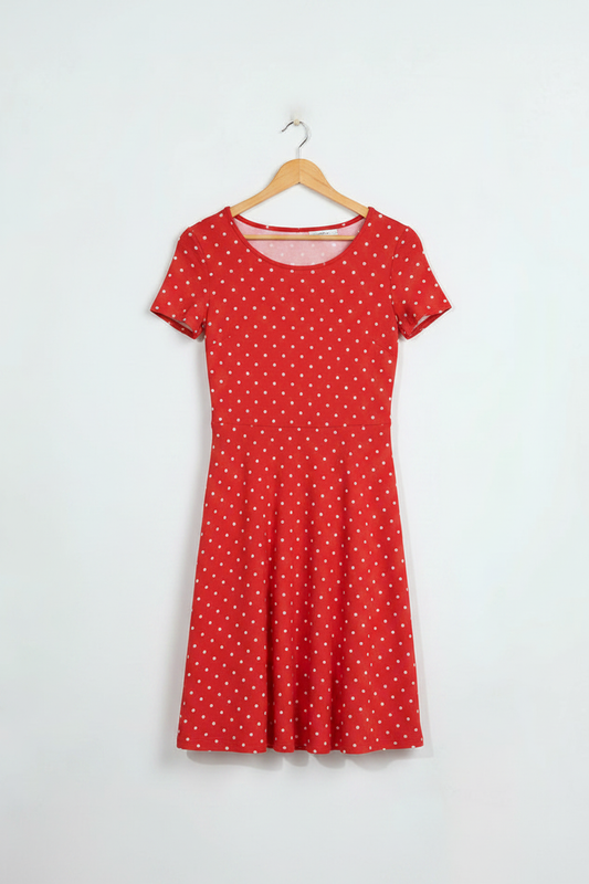 Crimson Charm A-Line Dress - dress on wooden hanger, white studio background
