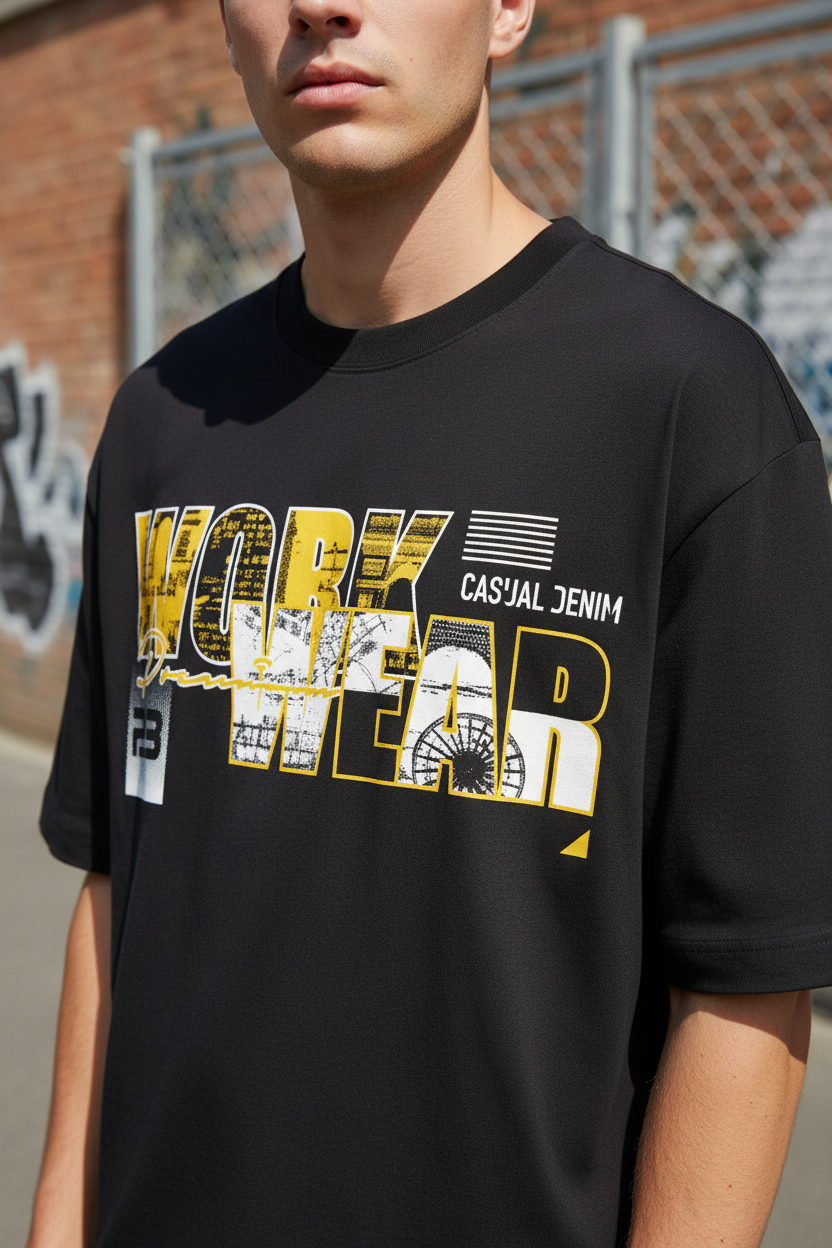 Male model wearing Work Wear Oversized Street T-Shirt