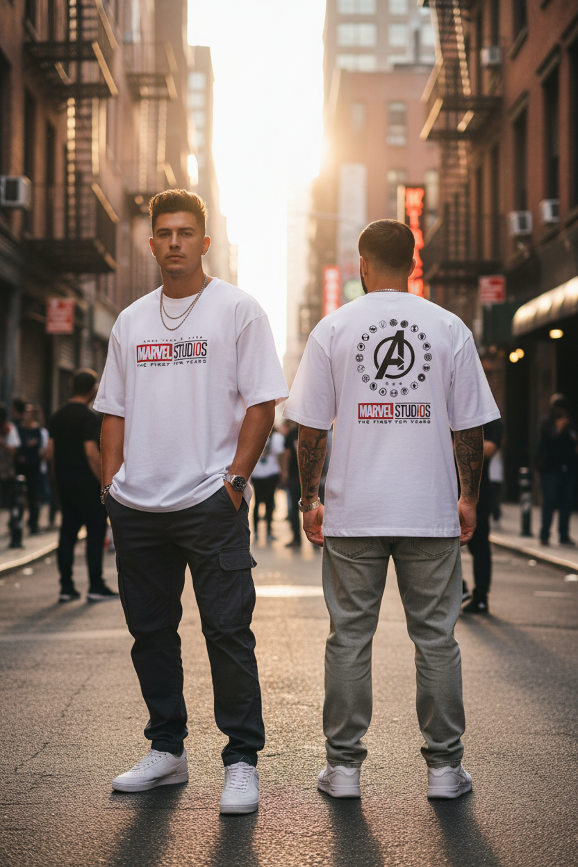 Male model wearing Avengers Legacy 10 Year Tribute Emblem oversized t-shirt showing front and back views