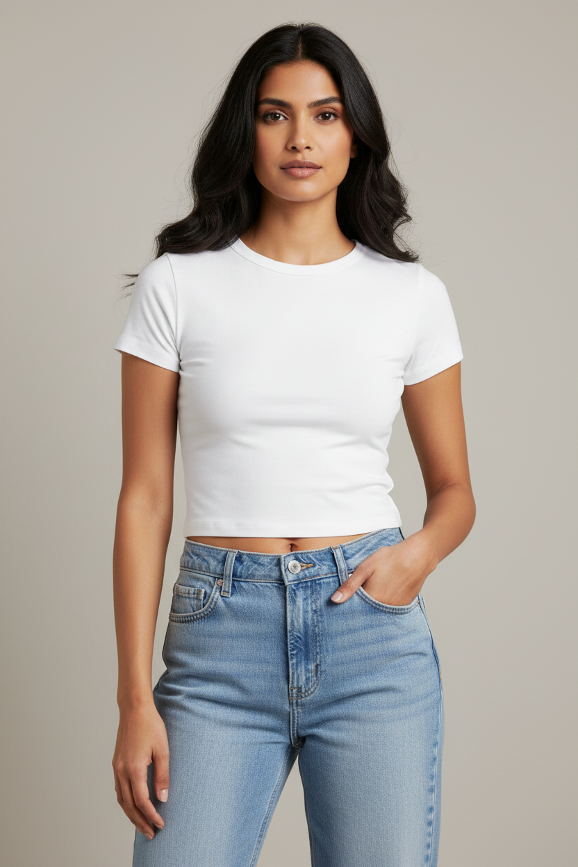 HAViT Women's Baby Tee – White – Indian Female Model