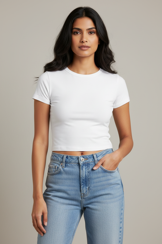 HAViT Women's Baby Tee – White – Indian Female Model