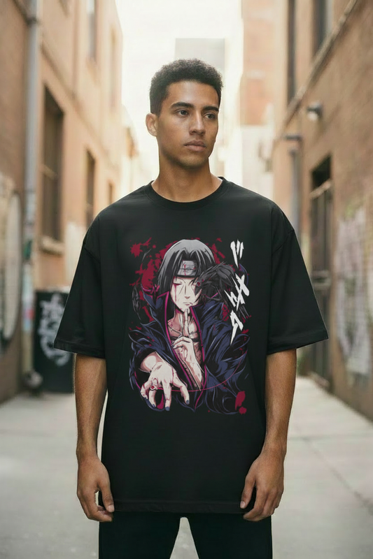 Male model wearing Itachi Uchiha – Silent Genjutsu oversized t-shirt