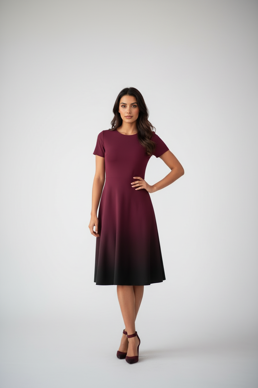 Indian female model wearing Midnight Merlot A-Line Dress in studio setting, confident hand-on-hip pose, full body shot