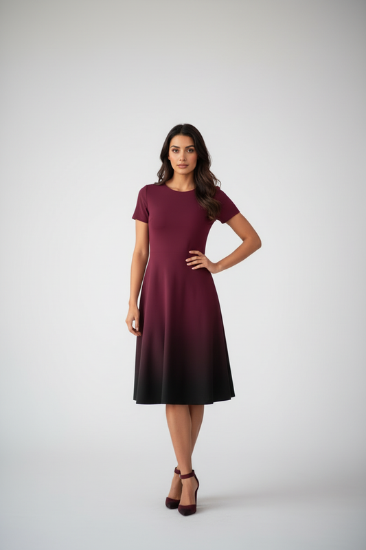 Indian female model wearing Midnight Merlot A-Line Dress in studio setting, confident hand-on-hip pose, full body shot