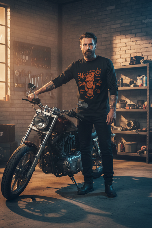 Male model wearing Custom Motorcycles black full-sleeve t-shirt in industrial garage setting