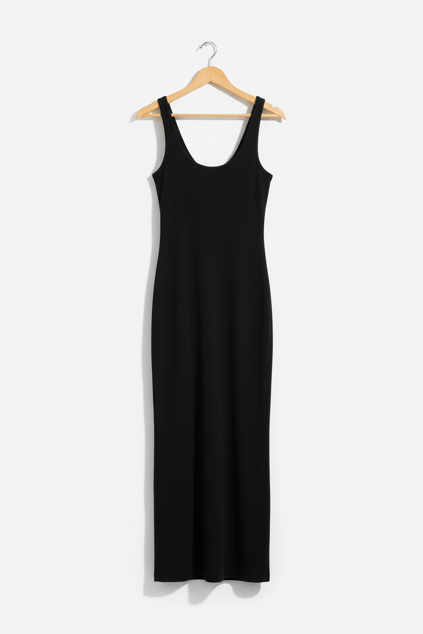 Classic black bodycon dress on wooden hanger