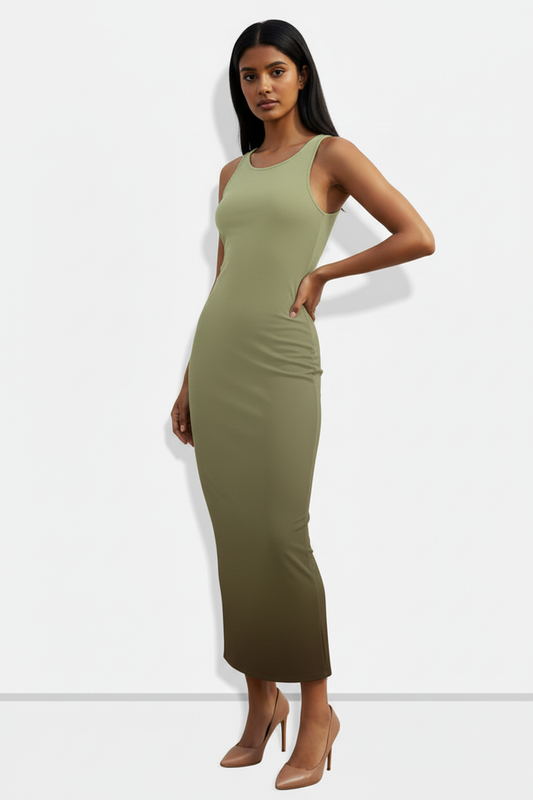 Olive Ember Ombre Bodycon Dress - Indian female model wearing olive-to-deep brown ombre gradient bodycon dress with nude heels, white studio background