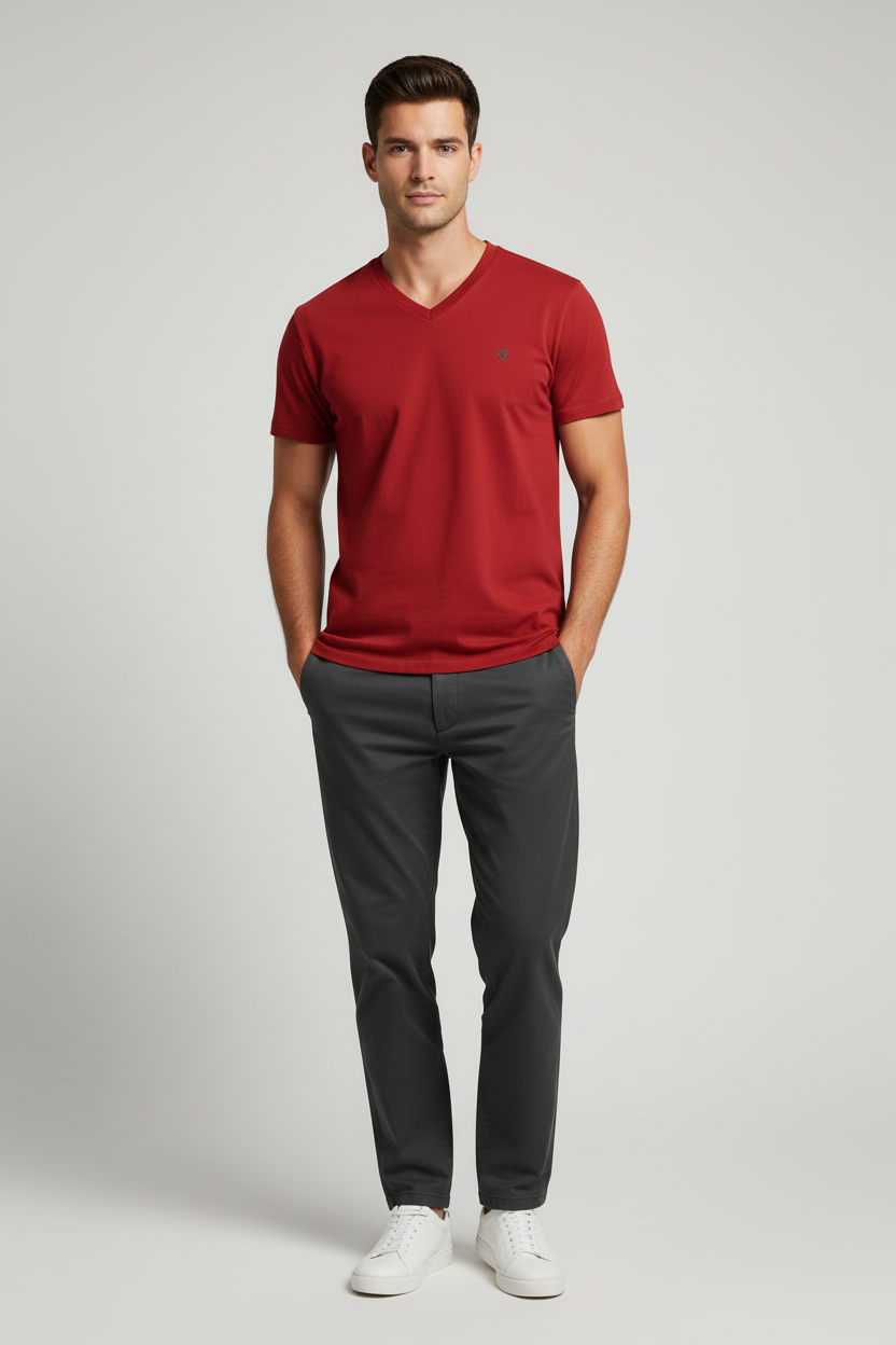 Male model wearing HAViT V-Neck T-Shirt in Red