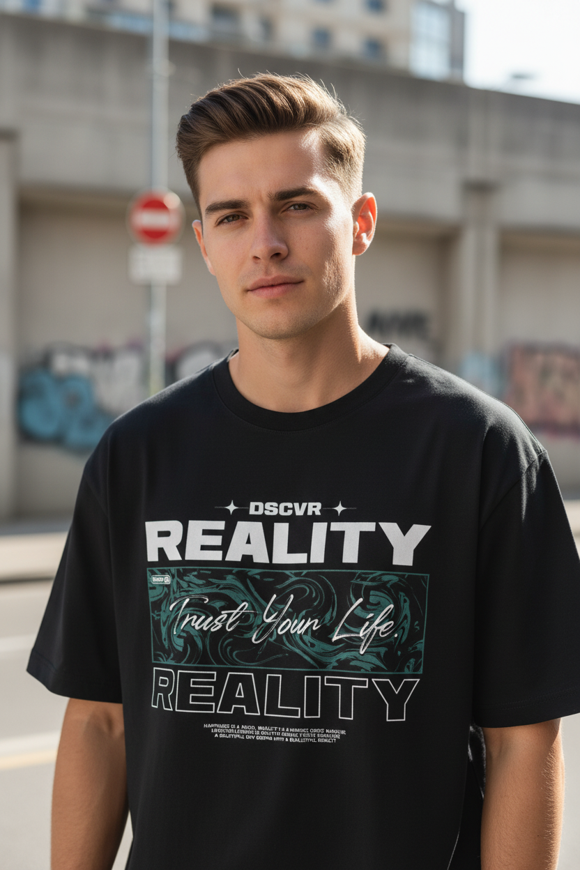 Male model wearing Trust Your Reality oversized t-shirt