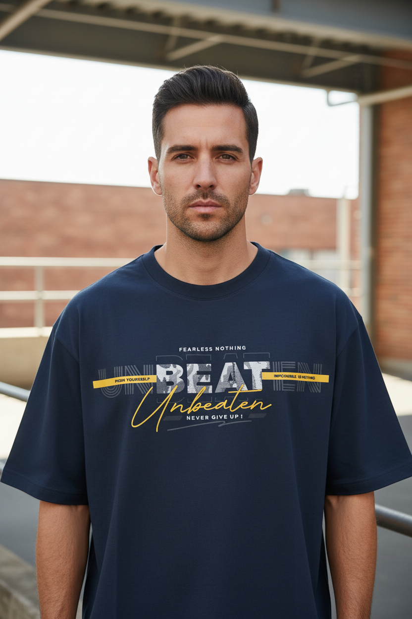 Male model wearing Unbeaten Fearless Spirit oversized t-shirt