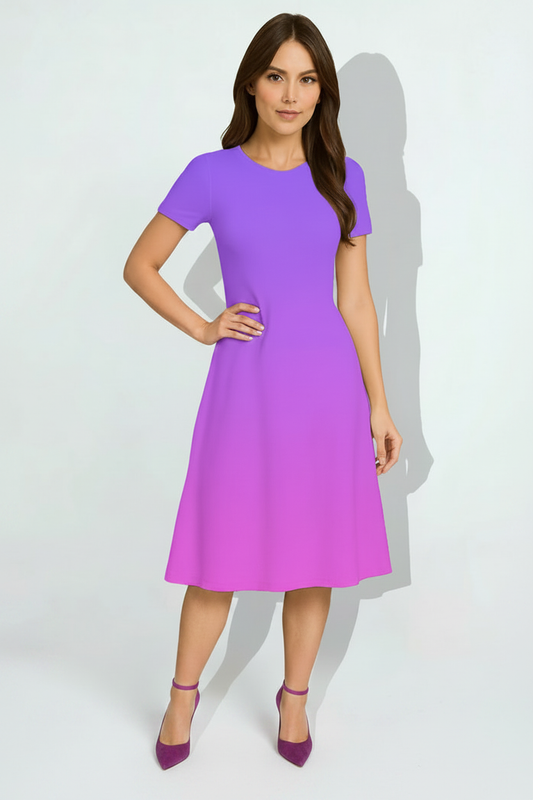Indian female model wearing Berry Blush A-Line Dress in studio setting, one hand on waist, full body shot