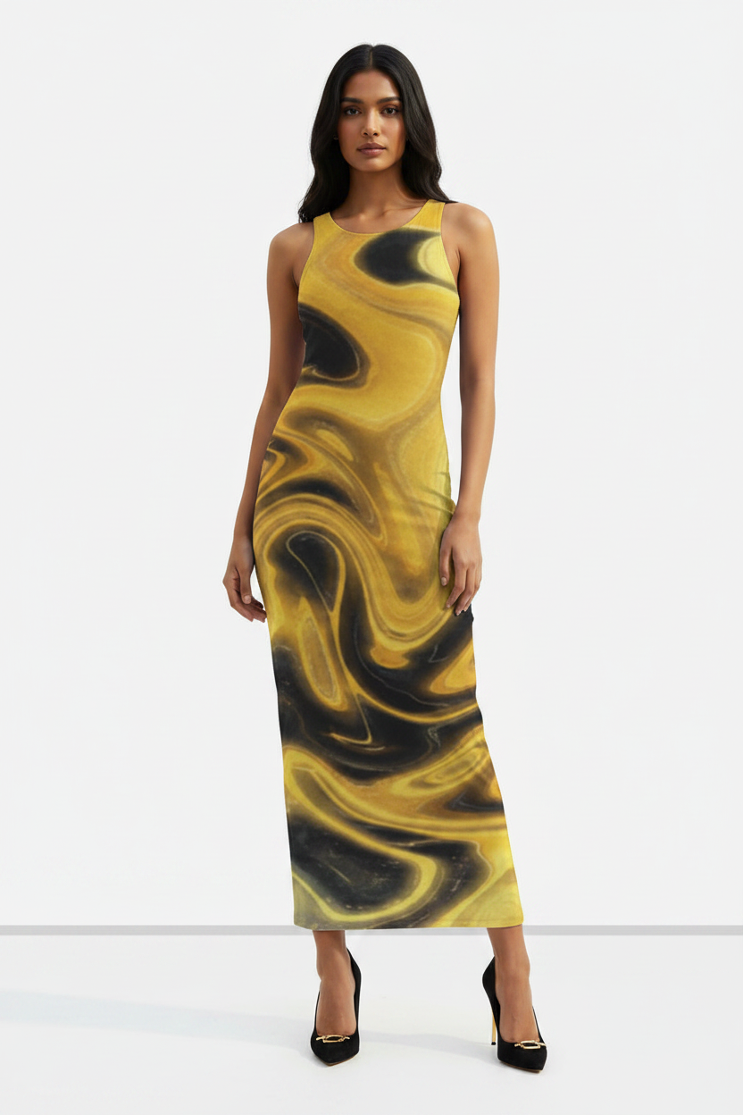 Liquid Gold Noir Bodycon Dress - wheatish-toned Indian female model wearing gold and black liquid marble print bodycon dress, gold heels, white studio background