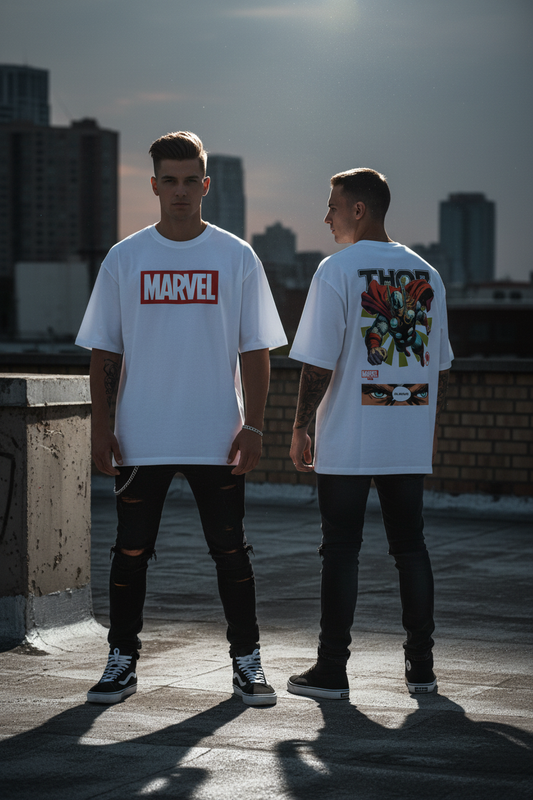 Male model wearing Thor God of Thunder oversized t-shirt showing front and back views