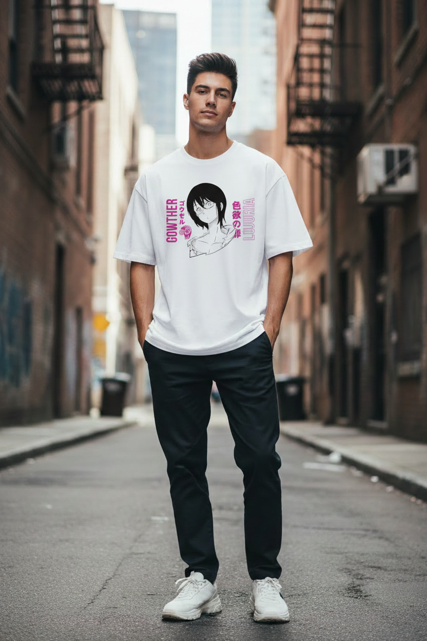 Male model wearing GOWTHER (Sin of Lust) oversized t-shirt