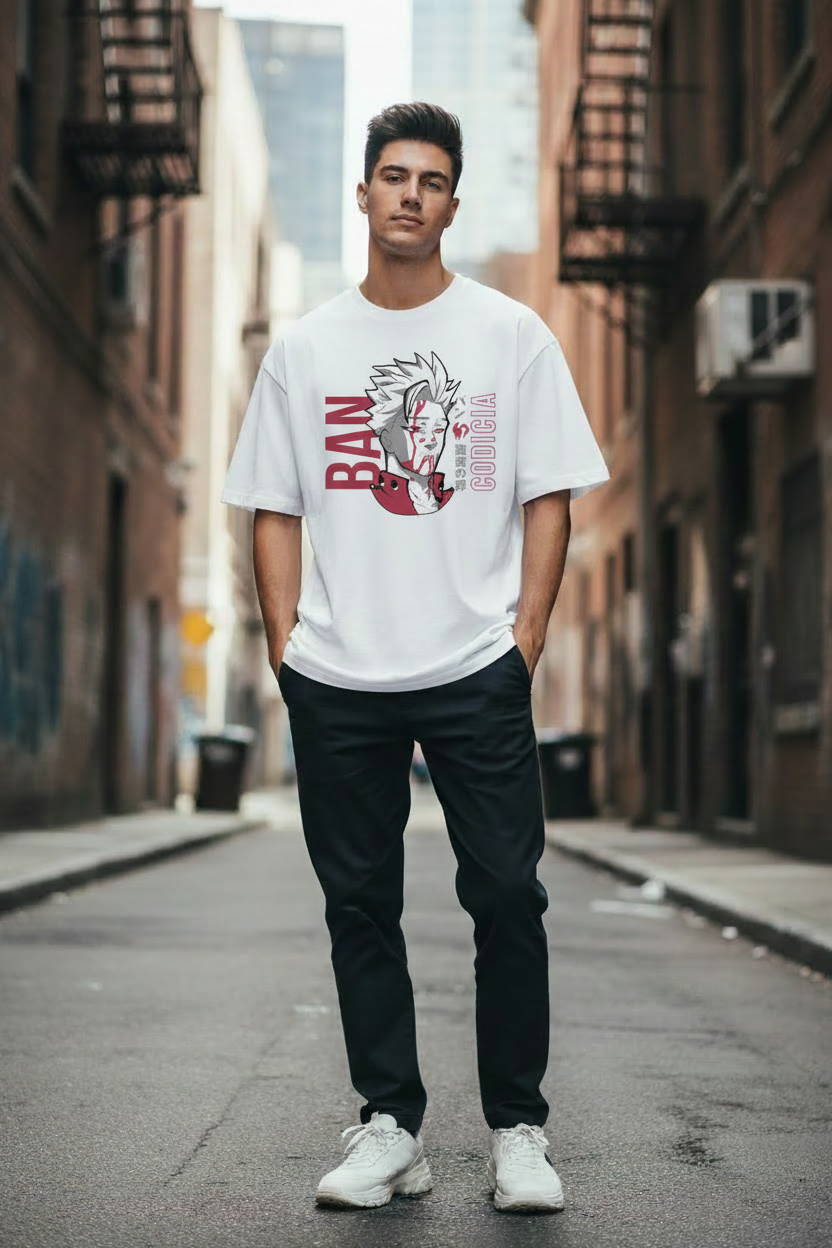 Male model wearing BAN (Sin of Greed) oversized t-shirt