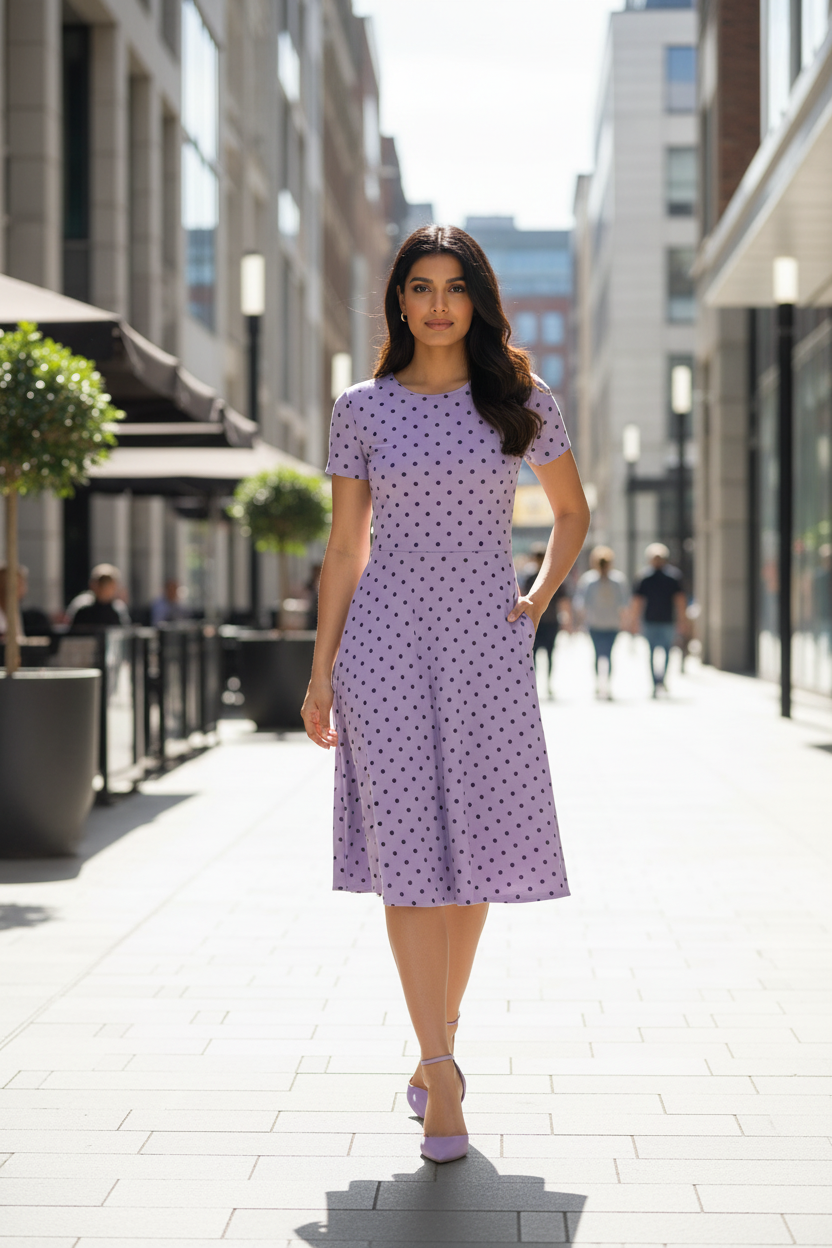 Lilac Elegance Polka Dress - fair-skinned Indian female model wearing lilac lavender polka dot dress in outdoor outing setting, sunny street background