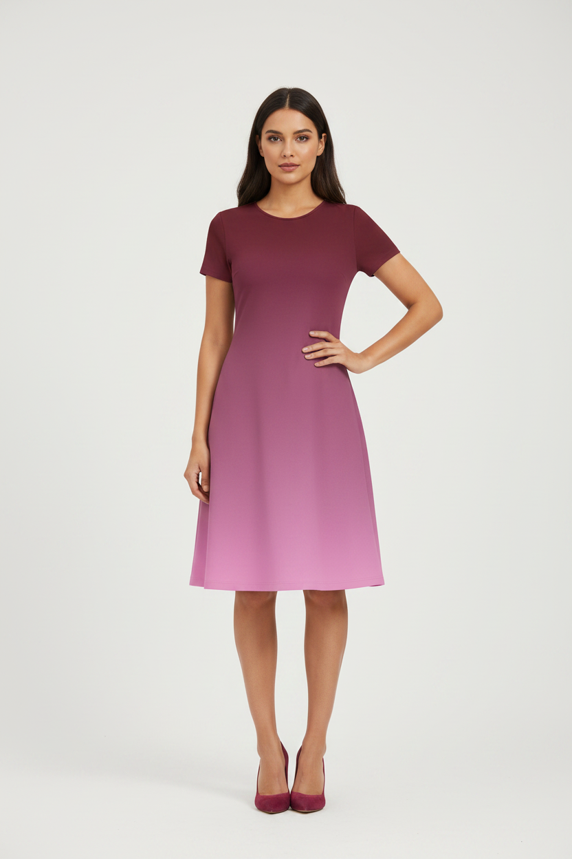 Indian female model wearing Rosé Wine Ombre Dress in studio setting, confident hand-on-hip pose, full body shot