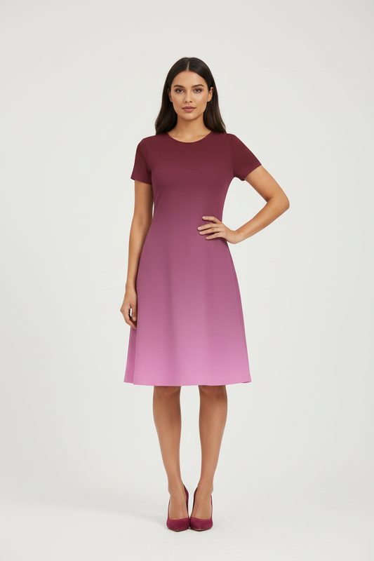 Indian female model wearing Rosé Wine Ombre Dress in studio setting, confident hand-on-hip pose, full body shot