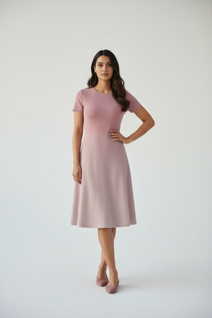 Indian female model wearing Blush Bloom A-Line Dress in studio setting, confident hand-on-hip pose, full body shot