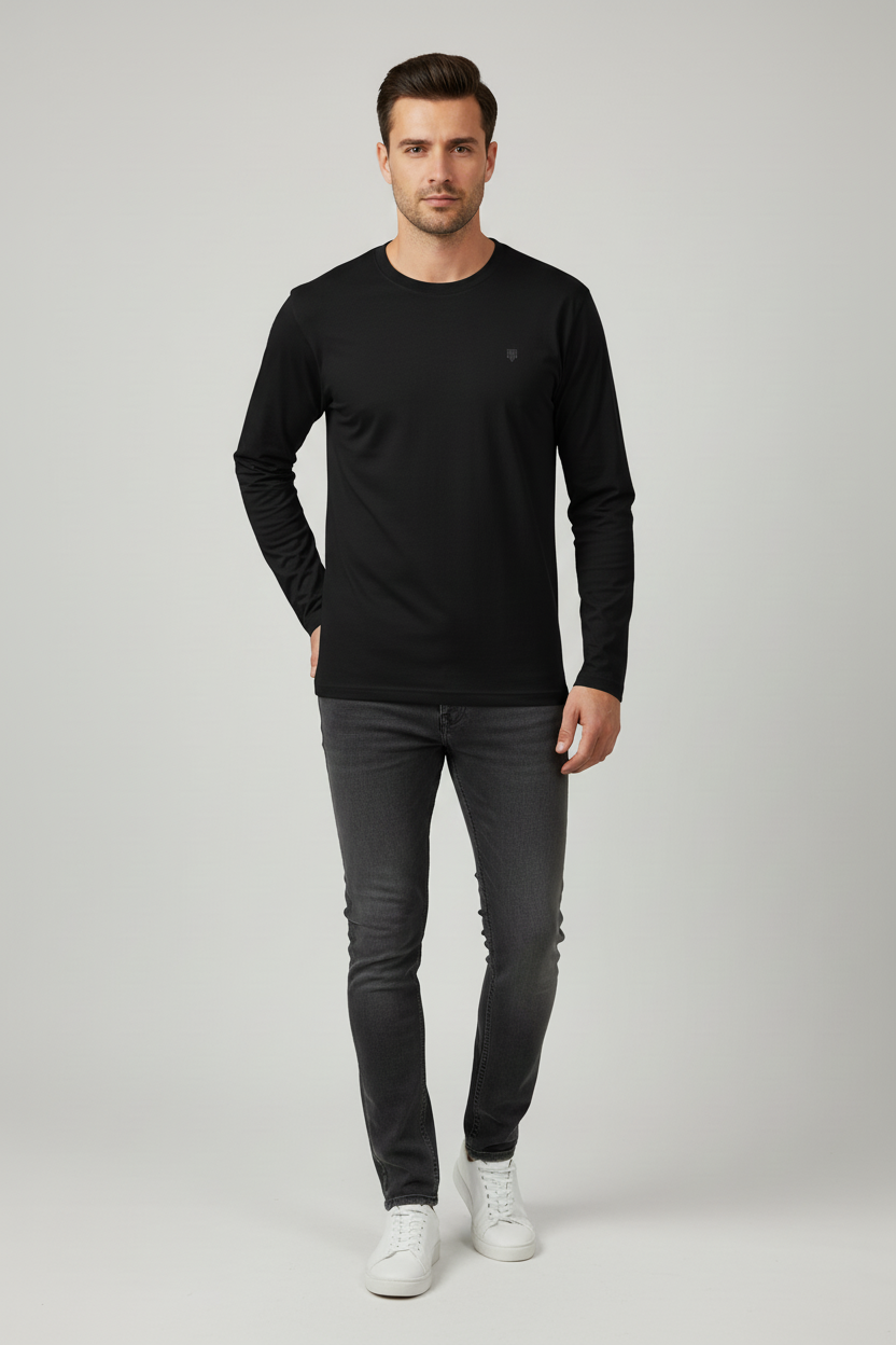 Male model wearing HAViT Full Sleeve T-Shirt in Black