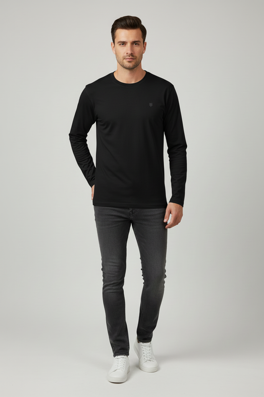 Male model wearing HAViT Full Sleeve T-Shirt in Black