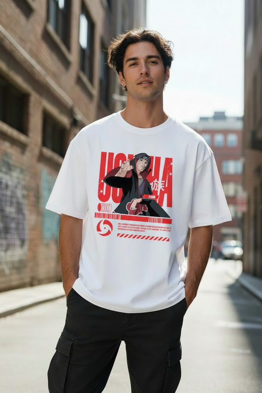 Male model wearing Itachi Uchiha – Crimson Genjutsu oversized t-shirt