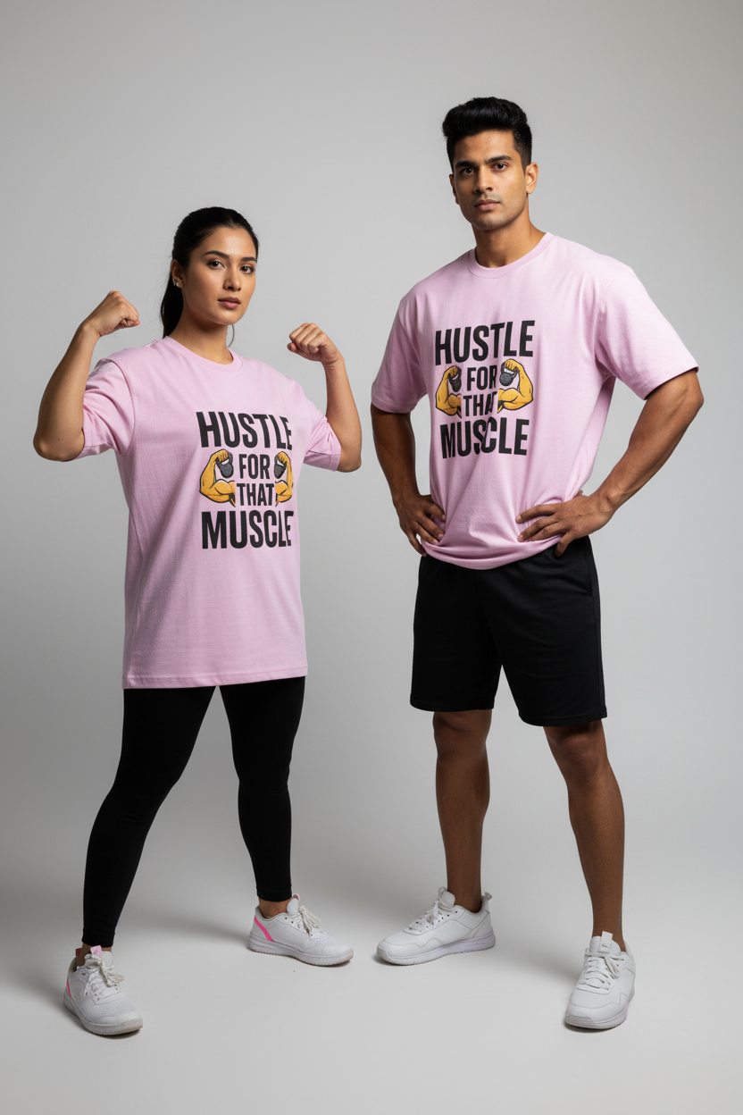 Indian male and female models wearing Muscle Hustle Oversize Tee in baby pink, couple shot, light grey studio background