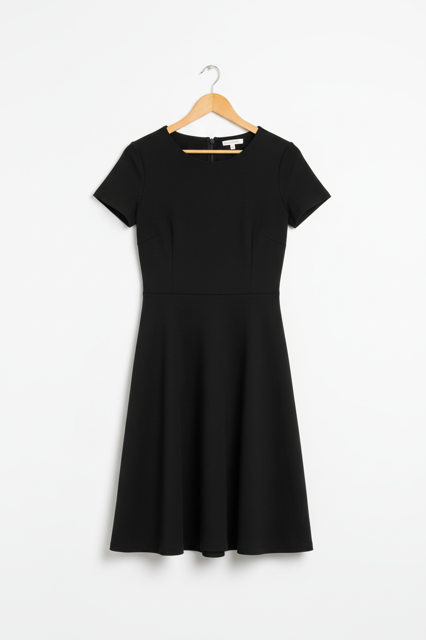 Classic black A-line dress on wooden hanger