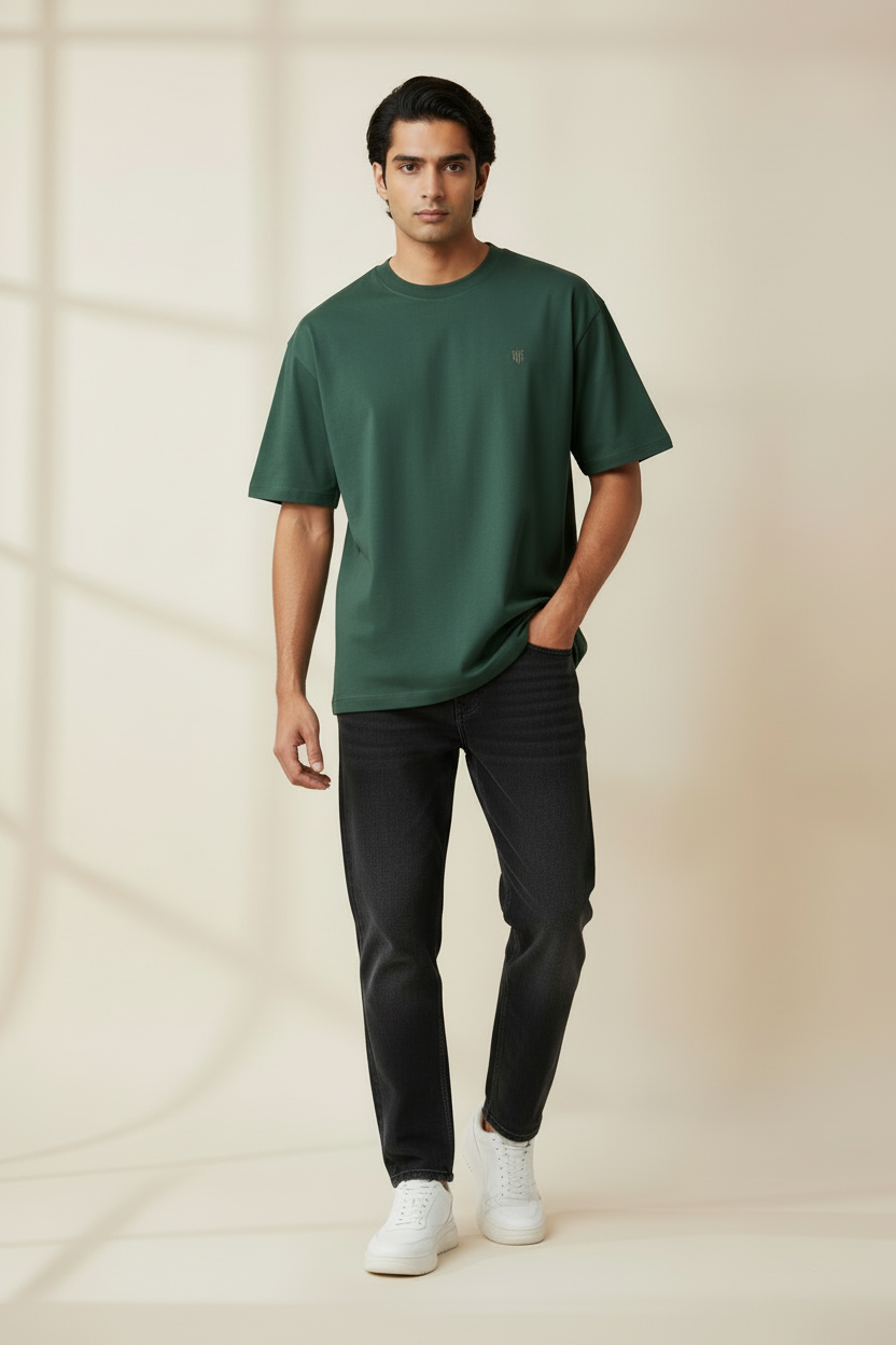 HAViT Classic Oversized T-Shirt – Bottle Green – Indian Male Model