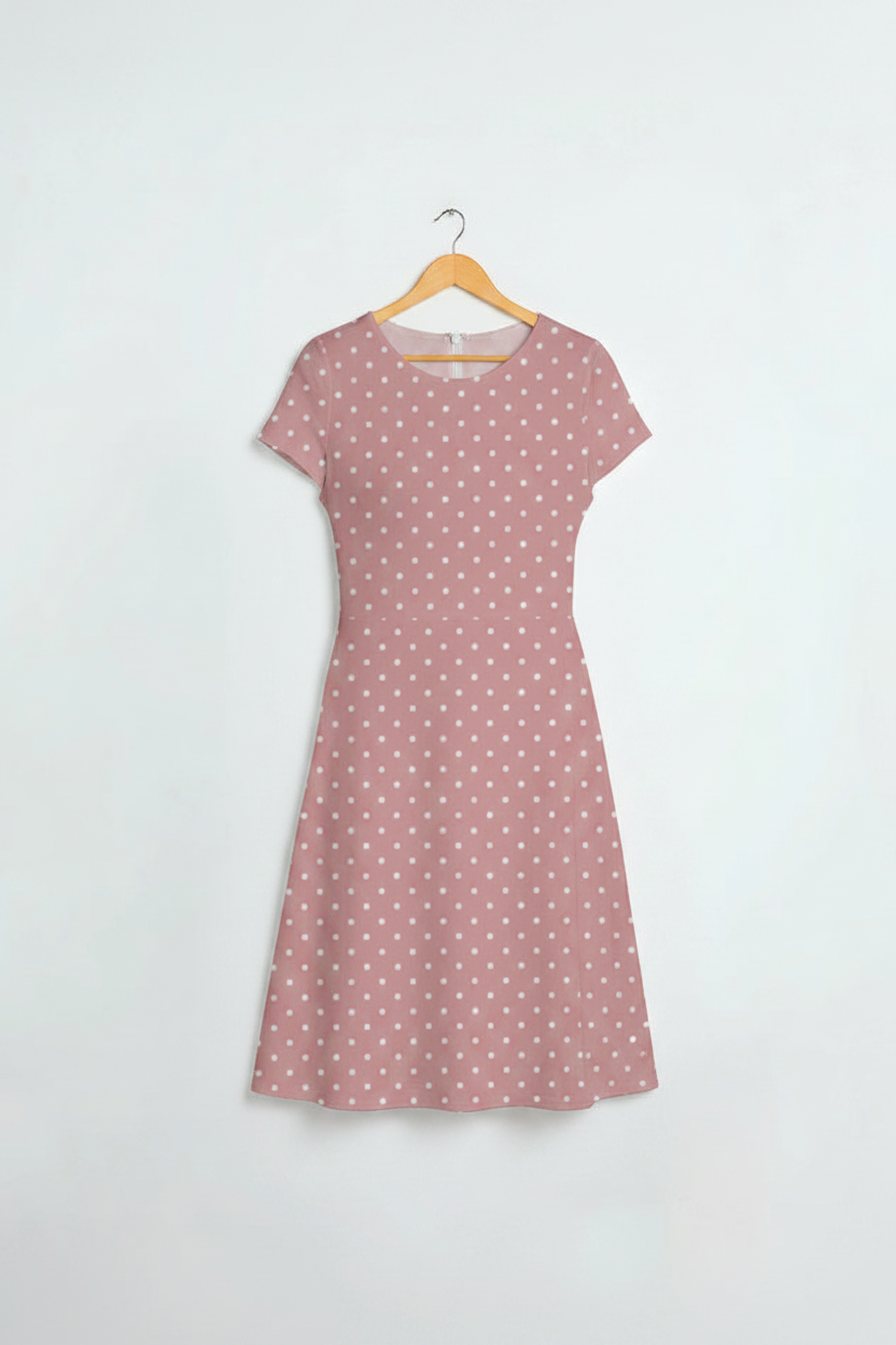 Soft Rose Polka A-Line Dress - dress on wooden hanger, white studio background