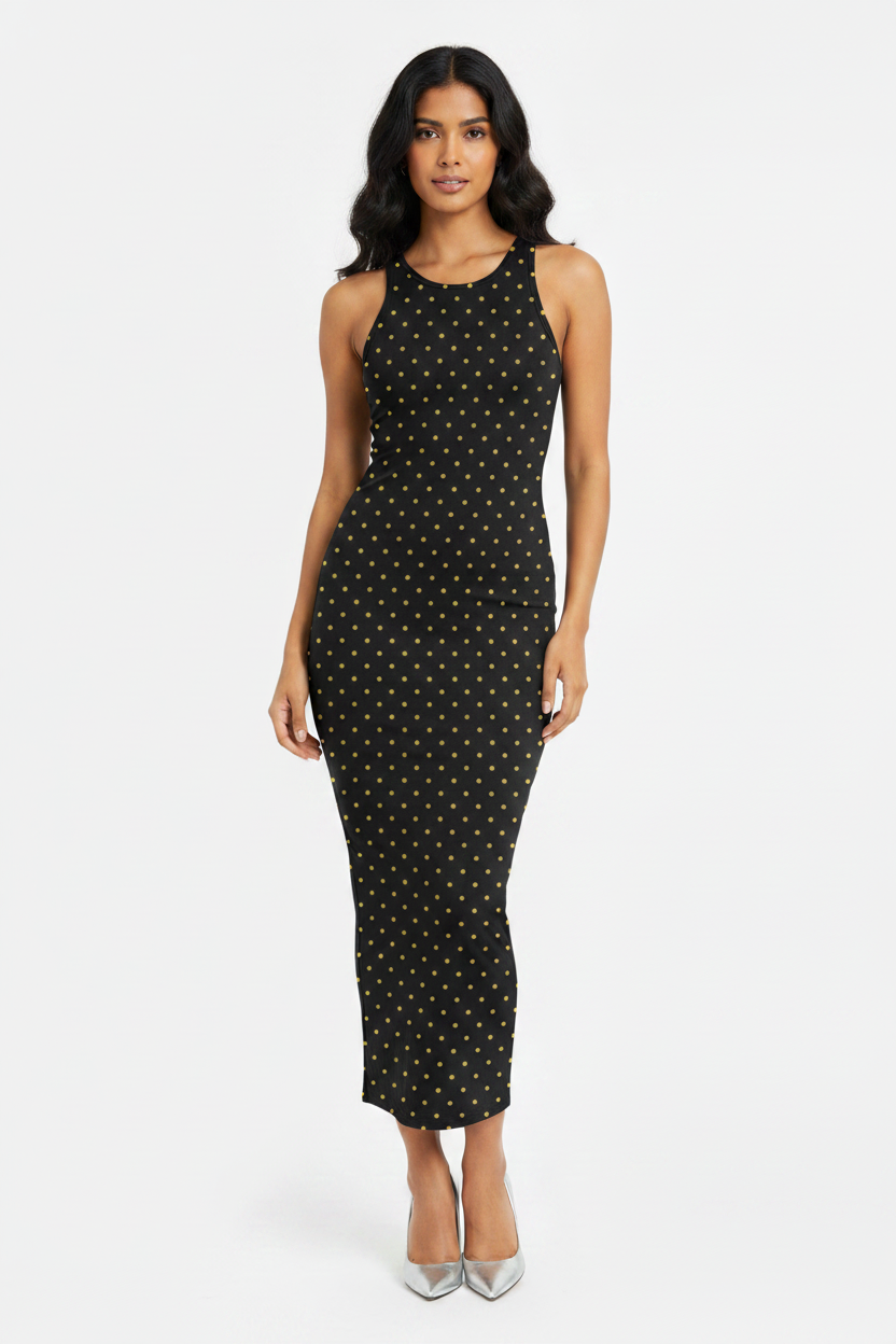 Midnight Gold Polka Bodycon Dress - dusky Indian female model wearing midnight black gold polka dot bodycon dress with gold heels, white studio background