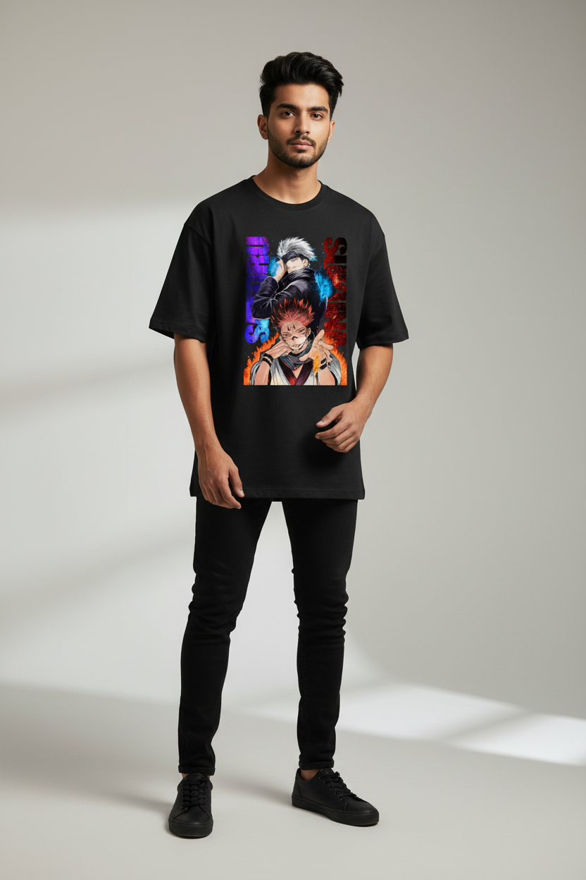 Six Eyes vs Cursed Power Oversized T-Shirt – Black – Front – Indian Male Model