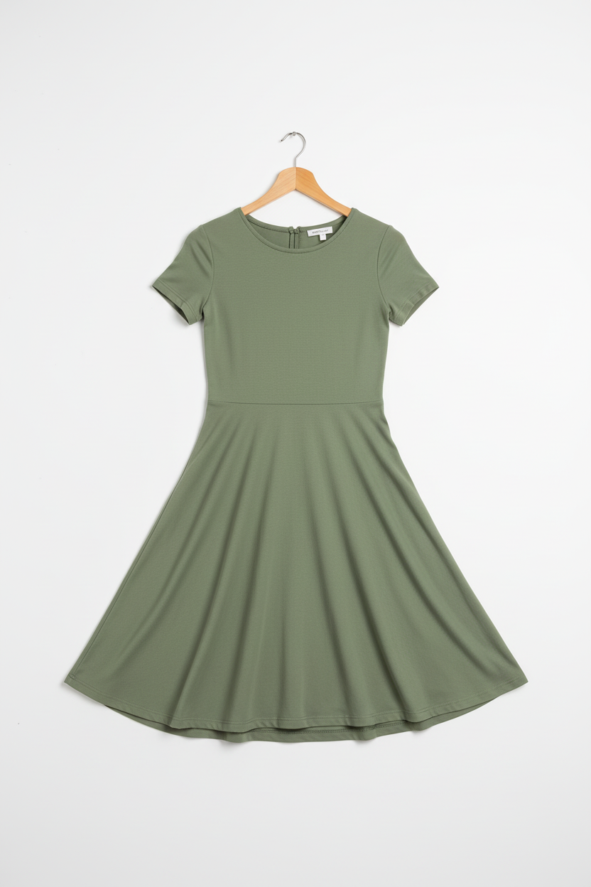 Olive green A-line dress on wooden hanger