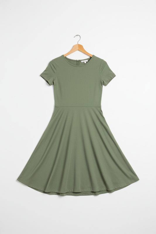 Olive green A-line dress on wooden hanger