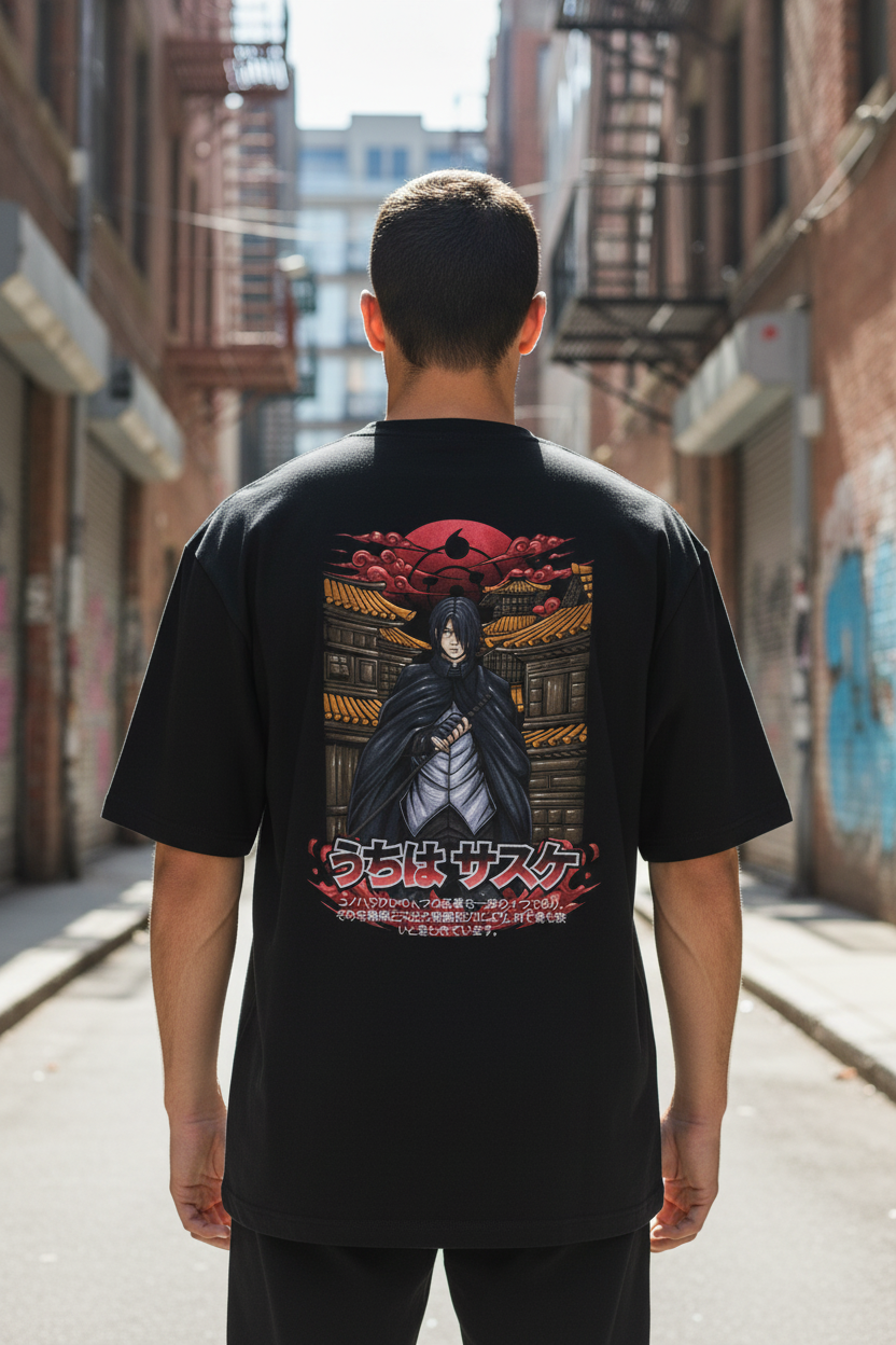 Male model wearing Sasuke Uchiha – Eternal Resolve oversized t-shirt - back view
