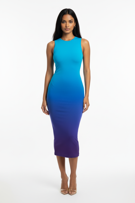 Cosmic Fade Bodycon Dress - Indian female model wearing blue-to-purple ombre gradient bodycon dress with nude heels, white studio background