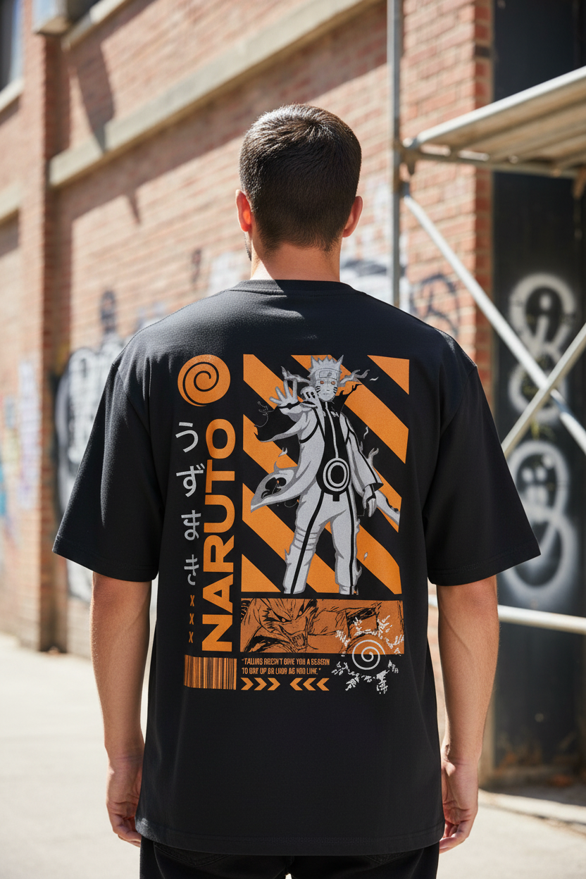 Male model wearing Naruto Uzumaki – Six Paths Sage Mode oversized t-shirt - back view