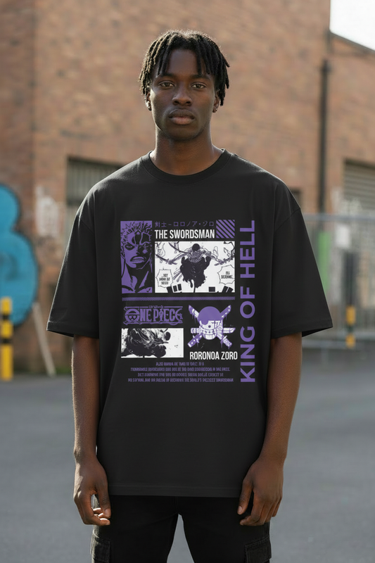 Male model wearing RORONOA ZORO – KING OF HELL oversized t-shirt