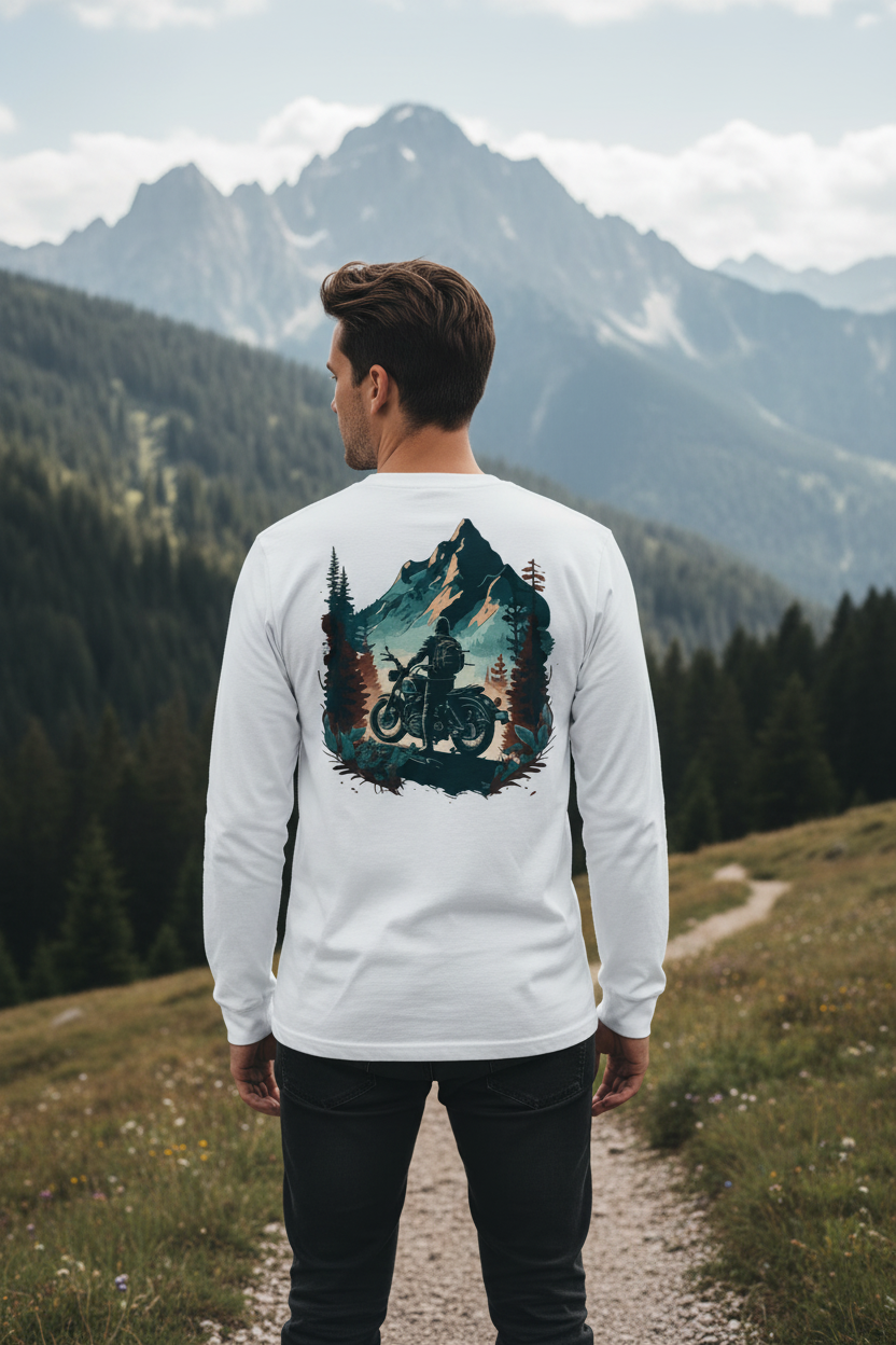 Male model wearing Wilderness Rider full-sleeve t-shirt in mountain wilderness setting
