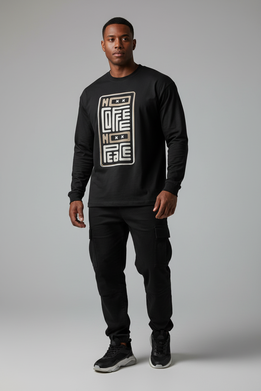 Model wearing No Coffee No Peace Graphic Full Sleeve T-Shirt